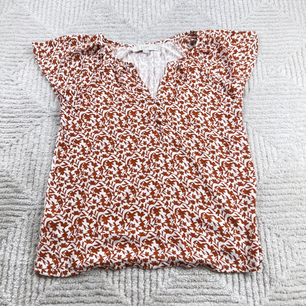 LOFT Floral Blouse Women's XXSP Rust Orange Cottagecore Boho Gypsy Botanical